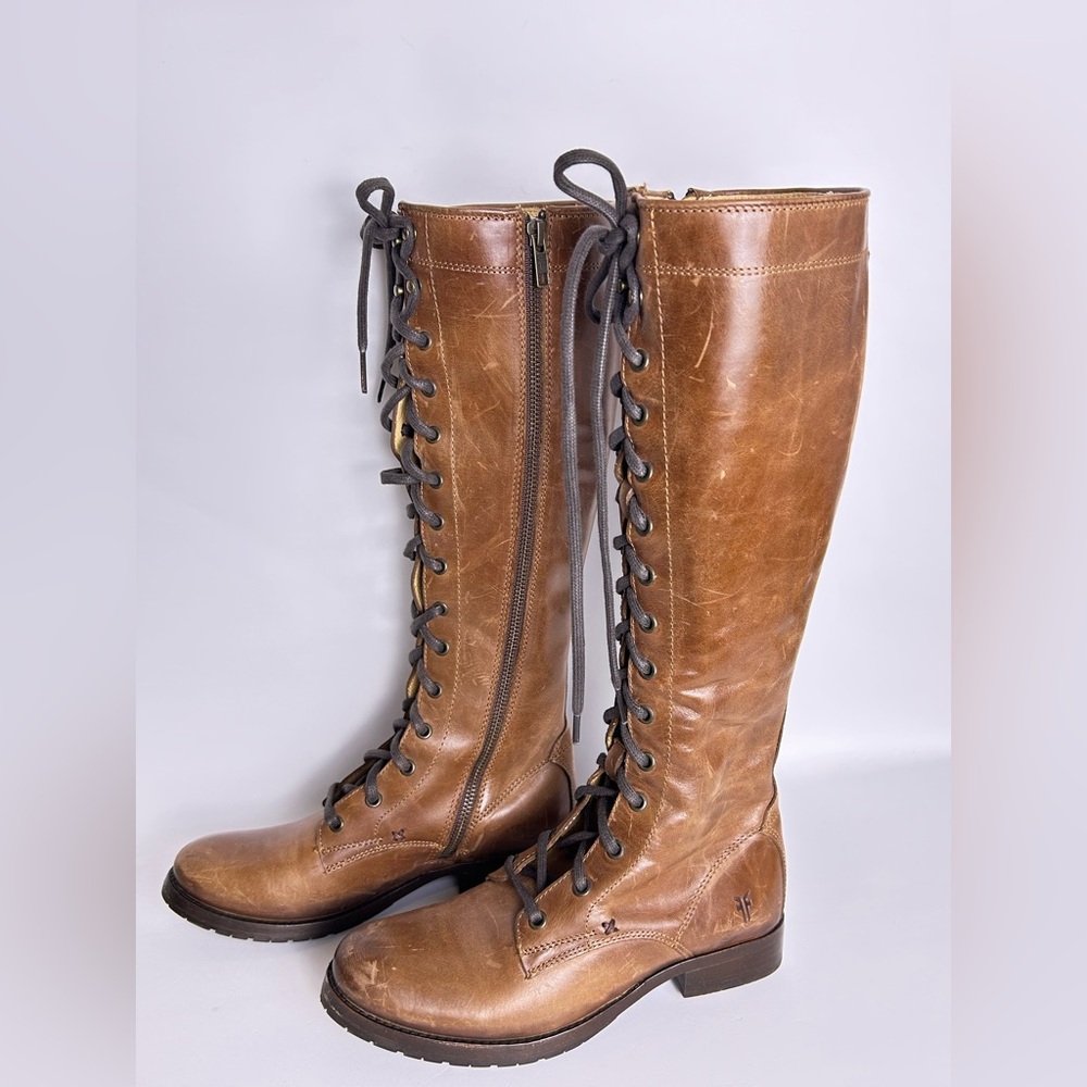 Frye Melissa Tall Lace Brown Leather Hunger Games Boots Women’s Size 6 - Picture 2 of 16